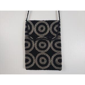 (Ma) Vintage Beaded Cross Body Purse Handbag Black Silver Evening Cocktail Boho